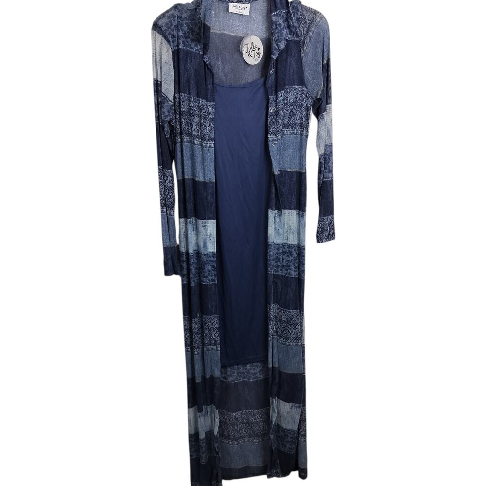 4947) Jolie & Joy Denim look Printed Long Sleeve Mesh Maxi Duster and Tank XL - Picture 2 of 15